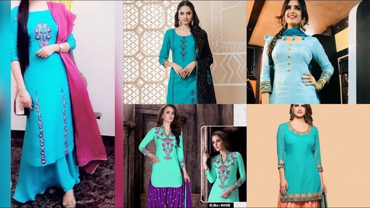 Readymade Sky Blue Color Designer Cotton And Jacquard Kurti With Katha Work